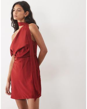 ASOS Satin Fallen Shoulder Playsuit With Tie Neck - Red