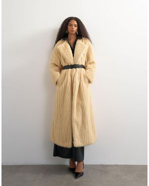 TOPSHOP Faux Fur Longline Coat With Faux Leather Belt - Natural