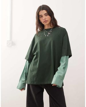 Lioness 2 In 1 Oversized T-shirt Overlay And Striped Long Sleeve Shirt In Dark And Stripe - Green