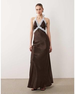 SNDY'S Satin Contrast Lace Halterneck Maxi Dress - Brown