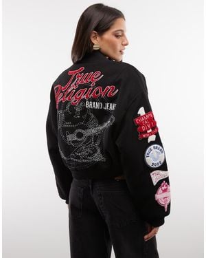 TRUE RELIGION Embriodered Logo Relaxed Fit Hooded Varisty Bomber Jacket With Hood - Black