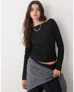 Collusion Slash Neck Textured Long Sleeve Top - Black