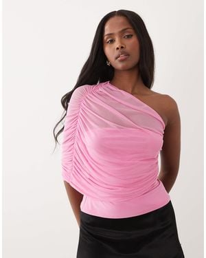 ASOS Mesh One Shoulder Top With Ruching - Pink