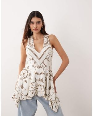 ARRANGE Cutwork Embroidered Longline Trapeze Hem Top - Natural