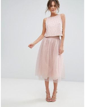 Little Mistress Faux Pearl Embellished Tulle Midi Skirt - Pink