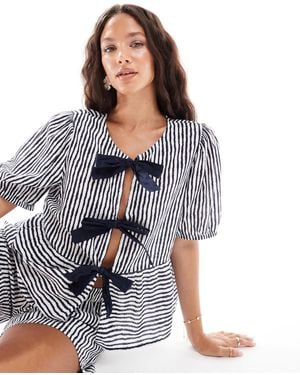 Pieces Tie Front Short Sleeve Peplum Hem Top Co-ord - Blue
