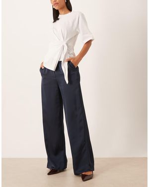 Pretty Lavish Satin Drawstring Wide Leg Trousers - Blue