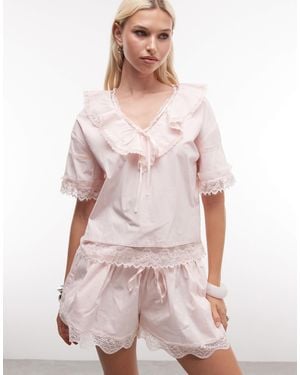 Daisy Street Boxy Blouse With Tie Collar And Lace Edging - Pink