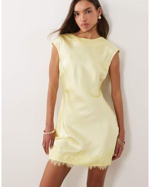ASOS Slash Neck Satin Mini Dress With Lace Hem - Yellow