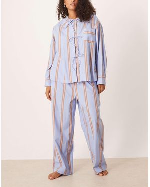 ASOS Asos Design Curve Bow Tie Up Shirt & Wide Leg Pants Pajama Set - Blue