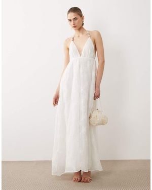 SNDY'S Linen Look Textured Floral Bead Detail Plunge Halterneck Maxi Dress - Natural