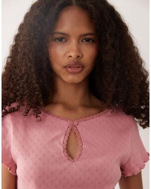 Miss Selfridge Short Sleeve Pointelle Keyhole Top - Red