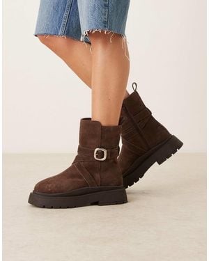 ASOS Amelia Suede Chunky Flat Ankle Boots With Buckle Detail - Brown