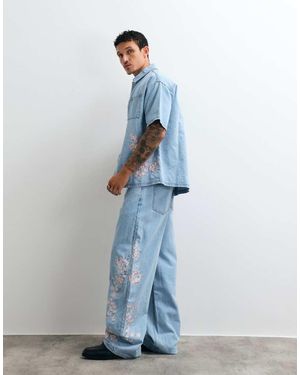 Liquor N Poker Relaxed Japanese Blossom Print Embroidered Jeans Co-Ord - Blue