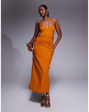 ASOS Vestido Largo Dorado Intenso Con Diseño Estilo Corsé Y Bordados Florales De - Azul