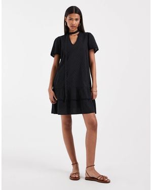 Vero Moda Poplin Tie Waist Lace Trim Ruffle Hem Mini Dress - Black