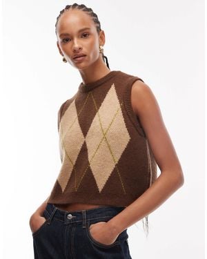 ASOS Fluffy Knitted Argyle Tank - Brown