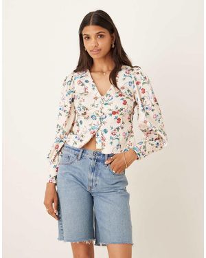 Glamorous V-Neck Top With Puff Long Sleeves - Blue