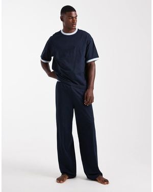 ASOS Pajama Set With Wide Leg Pant And Contrast Binding - Blue