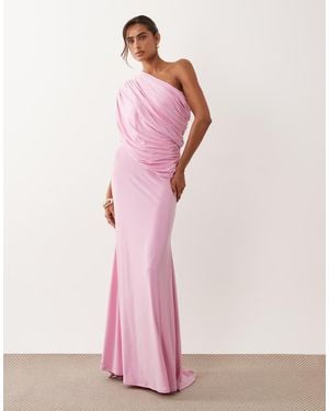 ASOS Off The Shoulder Wrap Bodice Detailing Maxi Dress With Train - Pink