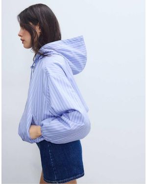 Stradivarius Basic Striped Nylon Hooded Jacket - Blue