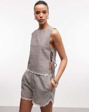 Noisy May Seersucker Tie Side Top Co-ord With Lace Trim - White