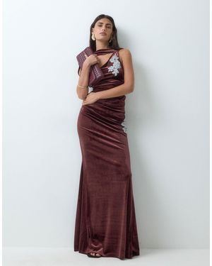 ASOS Set Velvet Embroidery Detail Drape Maxi Skirt - Purple