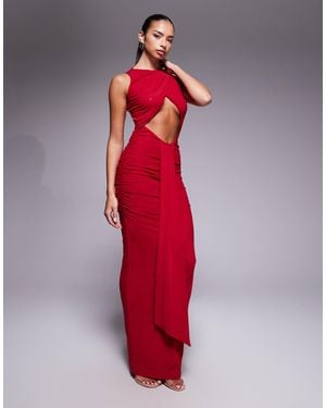 Murci Exclusive Slash Neck Crossover Front Cut Out Drape Detail Sleeveless Maxi Dress - Red