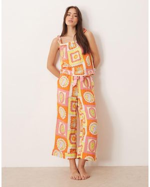Chelsea Peers Pijama Largo De Tirantes Con Estampado Cuadriculado Tropical De Bambula De - Multicolor