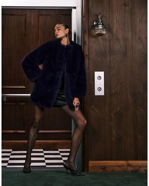 Mango X kaia gerber - veste sans col en fausse fourrure - marine - Noir