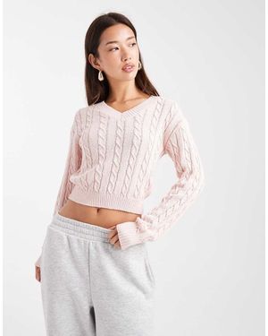 Cotton On V-Neck Cotton Cropped Cable Pullover - White