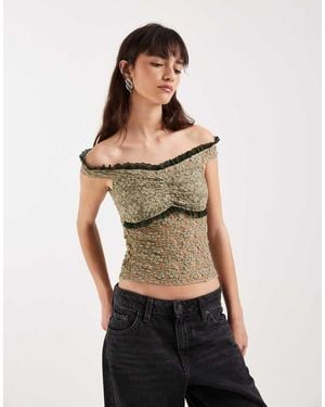 Motel Mayu Ruffle Trim Off Shoulder Lace Top - Green