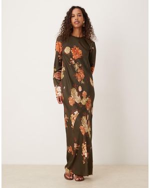 ASOS Vestido Lencero Marrón Con Diseño De Costuras Y Estampado Floral De Satén Mate De - Neutro