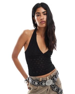 Miss Selfridge Crochet Jersey V Neck Halter Top - Black