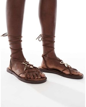 Bershka Gold Detail Tie Up Flat Sandals - Brown