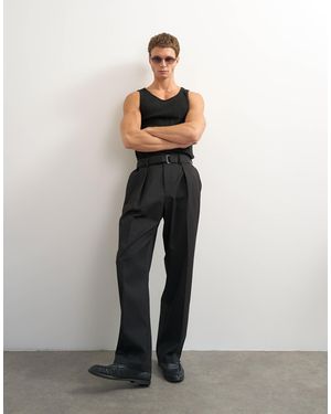 TOPMAN Wide Leg Belted Twill Trouser - Black