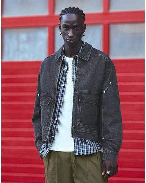 Bershka Washed Denim Bomber Jacket - Red