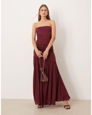 SNDY'S Mesh Asymmetric Drop Waist Ruched Detail Maxi Dress - Red