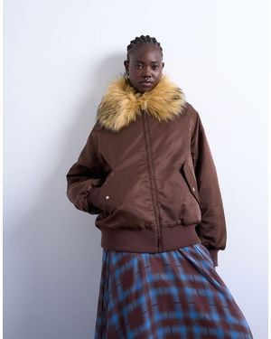 TOPSHOP Bomber en nylon avec col en fausse fourrure - chocolat - Marron