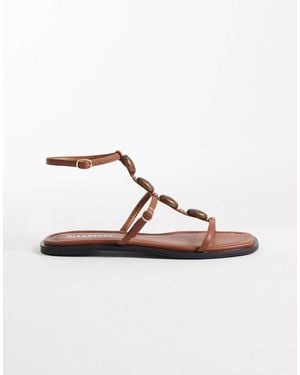 Glamorous Flat Tie Leg Sandals With Beads - Brown