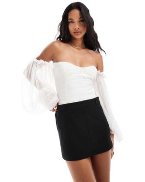 LACE & BEADS Balloon Sleeve Ruched Bodysuit - White
