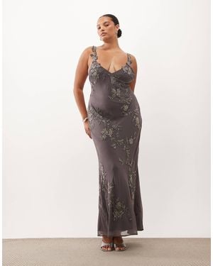 ASOS Asos Design Curve Floral Embellished Cami Maxi Dress With Scarf - Grey