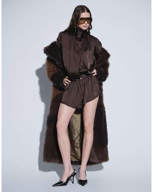 Noughts & Kisses Satin High Neck Extreme Drape Balloon Sleeve Playsuit - Brown