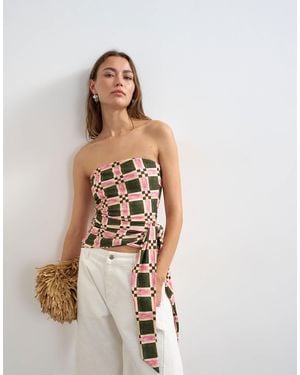 TOPSHOP Check Print Tie Detail Bandeau Top - Natural