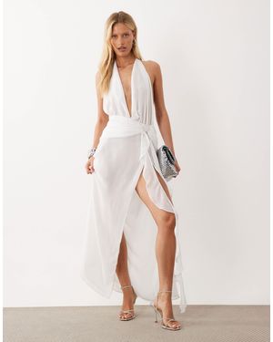 Oh Polly Mesh Plunge Cowl Halter Neck Thigh Split Beach Maxi Dress - Natural