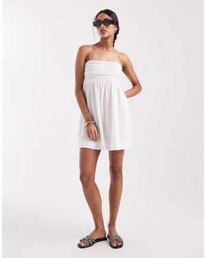 ASOS Izzy Beach Shirred Mini Dress With Ruffle Detail - White