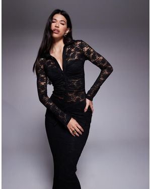Wanderdoll Lacie Plunge Neck Long Sleeve Lace Shirt Co-Ord - Black