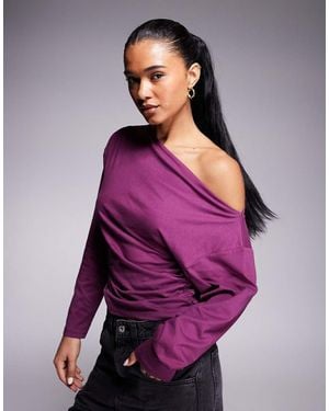 ASOS Off Shoulder Cinched Asymmetric Neckline Long Sleeve Top - Purple