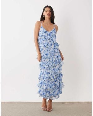 Vila Asymmetric Frill Maxi Dress With Side Split - Blue