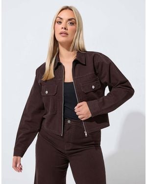 Yours Clothing Pocket Denim Jacket - Brown